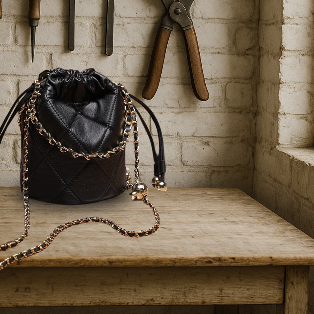 KENAWI | Sac à dos Bucket Crossbody avec cordon de serrage et chaîne en cuir